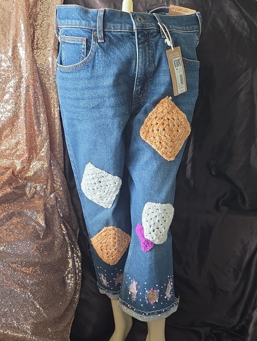 Eddie Bauer Blue Crocheted Patchwork Ankle Jeans